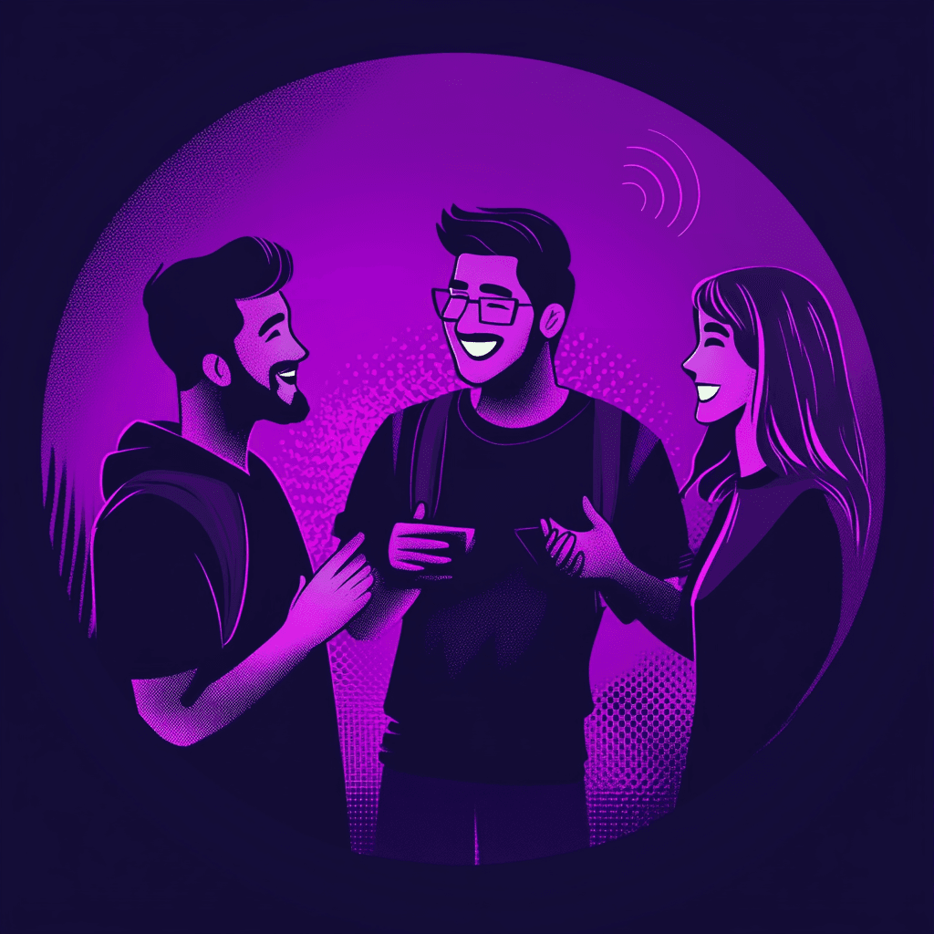A group of cartoon-style developers standing in a circle, chatting and laughing together.