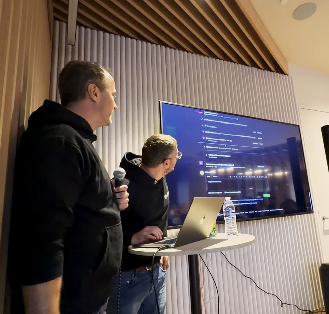Effect 4.0 merged live on stage at CodeRabbit: the screen shows the pull request merged and closed