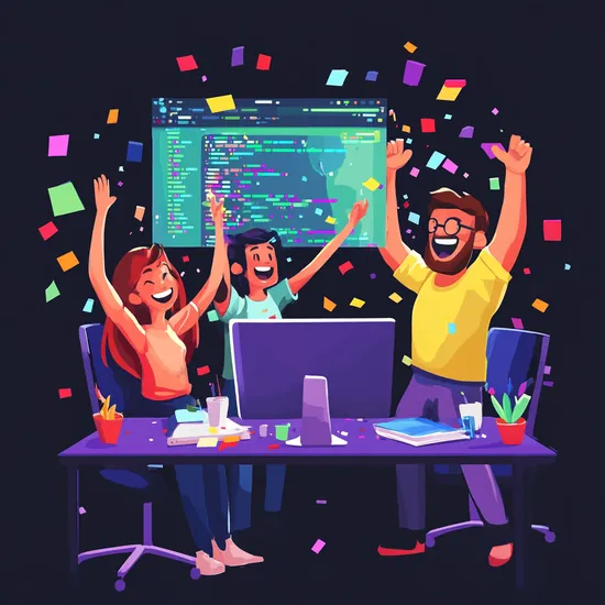 Four cartoon-style developers cheerfully throwing their arms up, surrounded by confetti. In the center, a desk with a laptop displaying code.